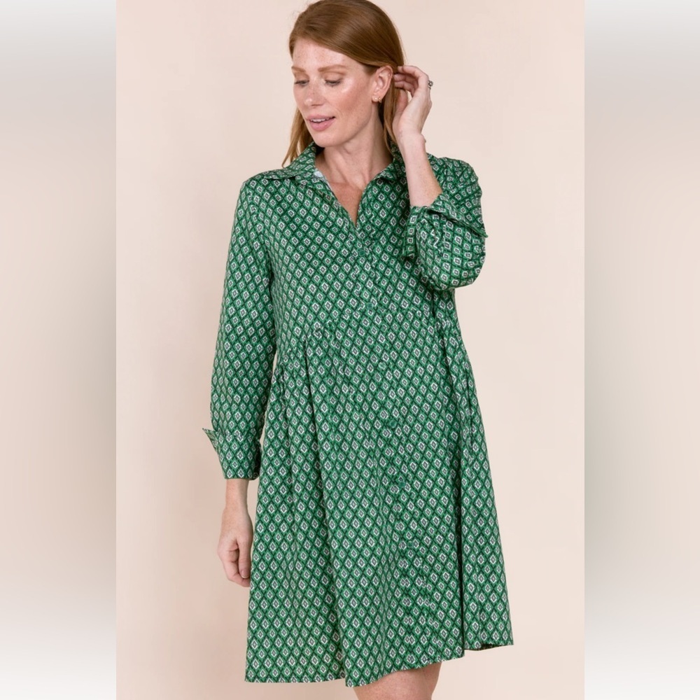 Sofia Made in Italy Poplin Cotton Hand Made Green Patterned Dress SZ M/L